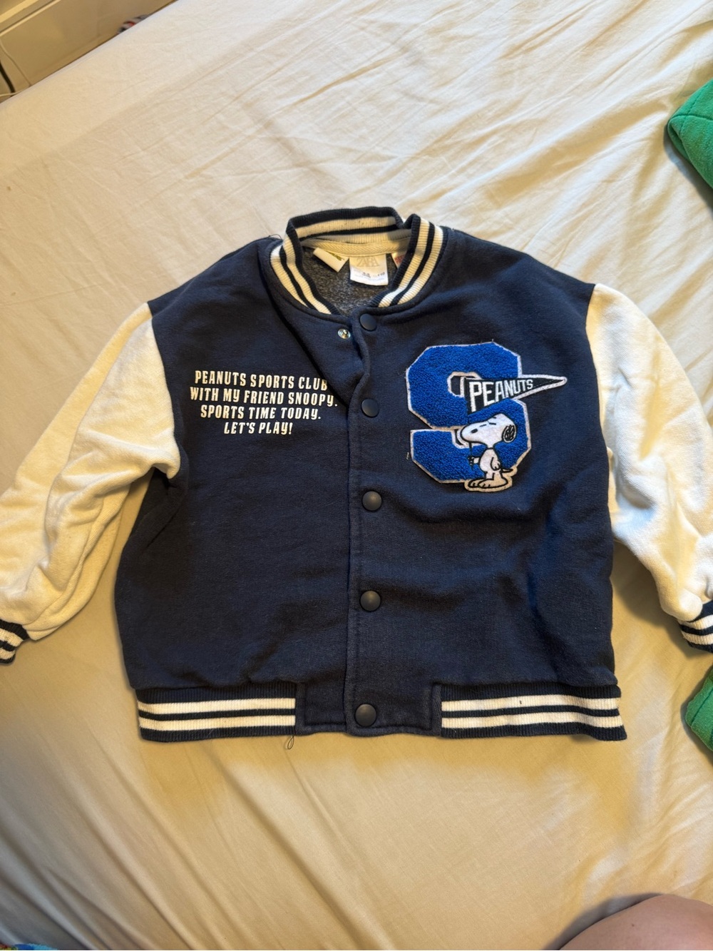 Zara Peanuts Kids Navy and White Varsity Jacket with Snoopy